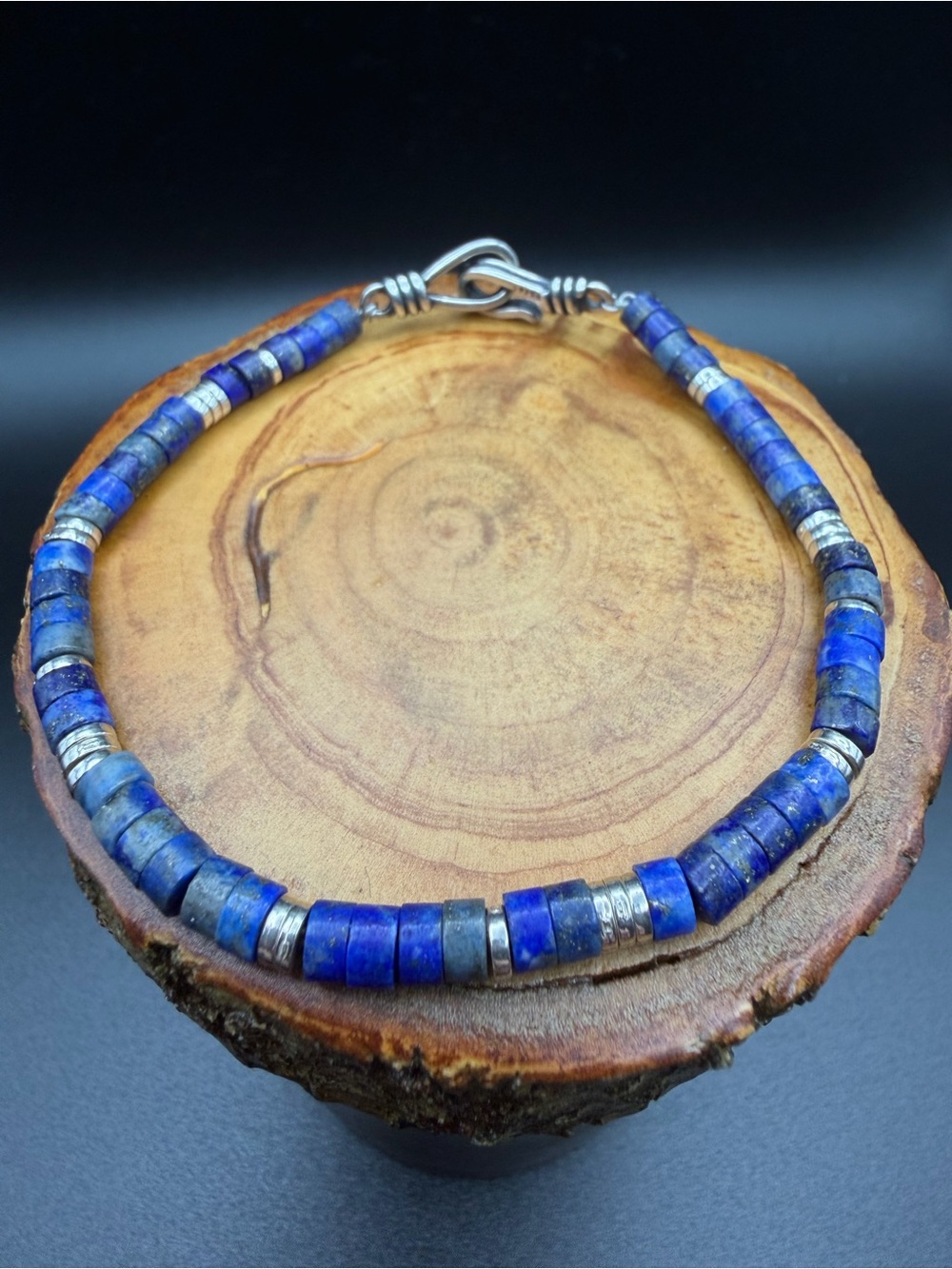 Handmade 4mm Heishi Lapis Bead Bracelet w Sterling Silver Beads & Clasp - 7.75”